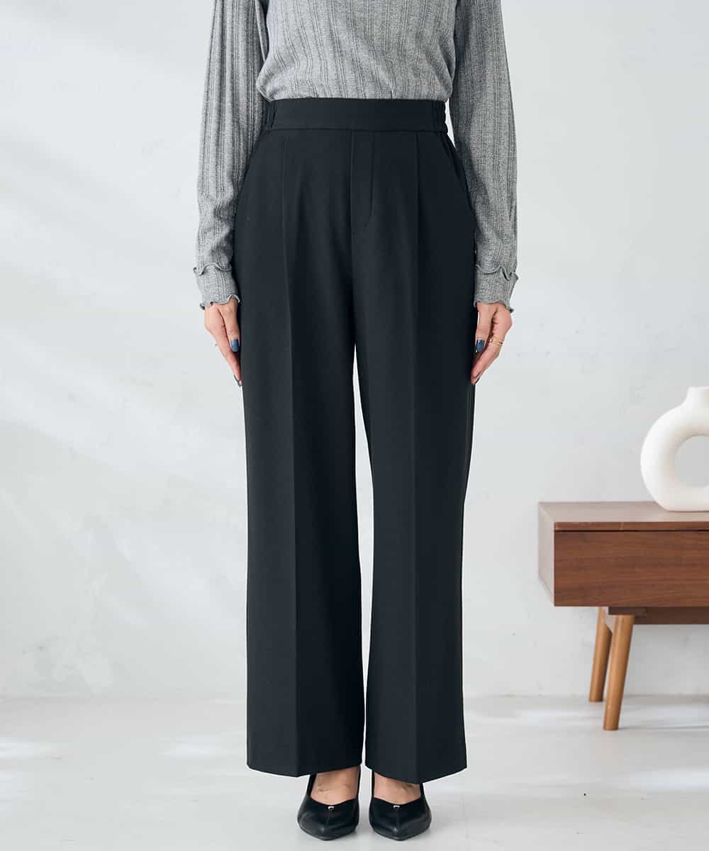 K2LAD22049 a.v.v(アー・ヴェ・ヴェ) 【イージーケア/洗える/ストレッチ/雑誌InRed(宝島社)12月号掲載】裏起毛美ラクるスッキリ見えワイドパンツ ブラック