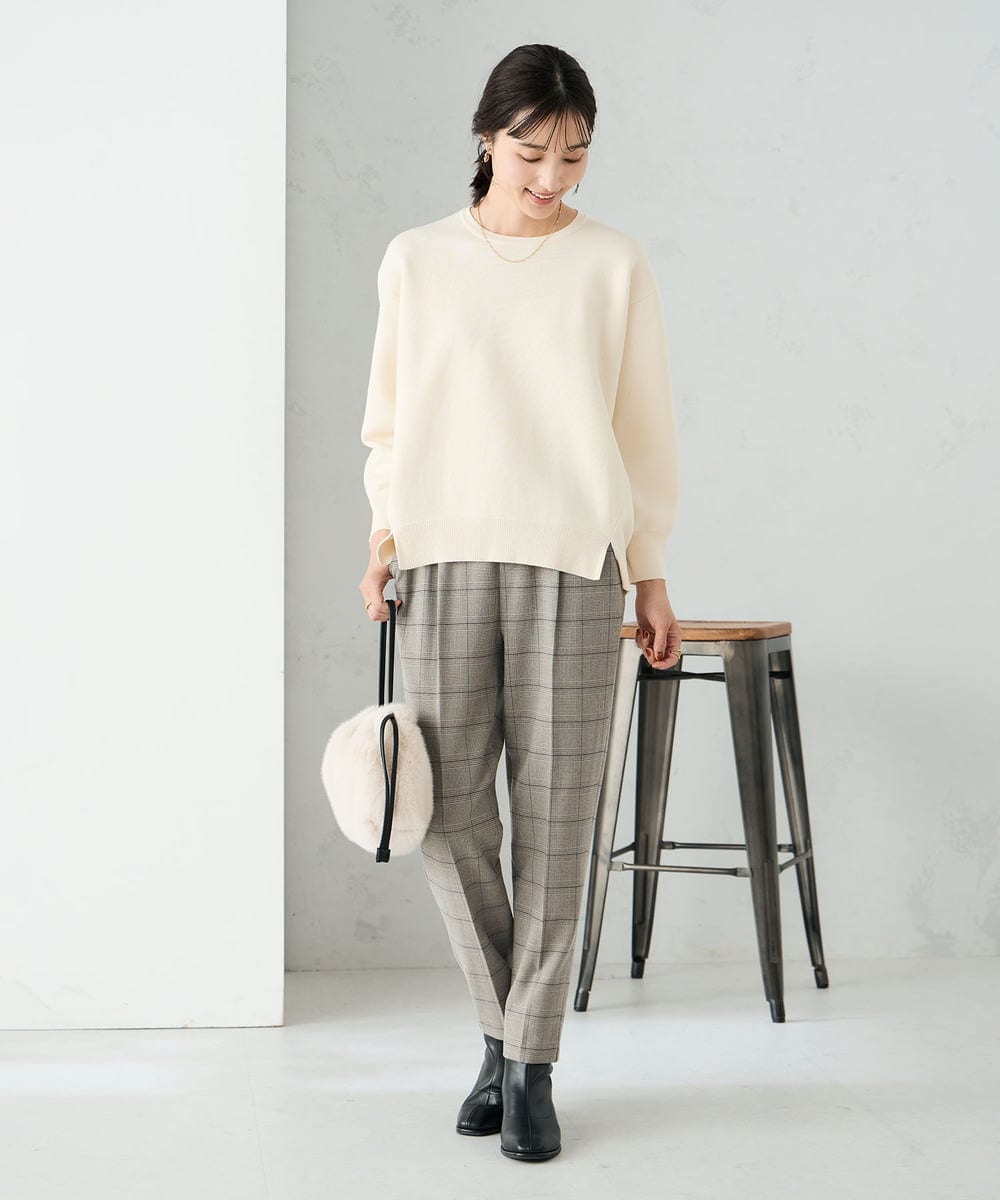 K2LAD23049 a.v.v(アー・ヴェ・ヴェ) 【イージーケア/洗える/ストレッチ】裏起毛美ラクるスッキリ見えチェックテーパードパンツ グレンチェック