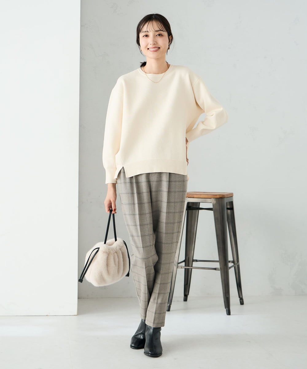 K2LAD23049 a.v.v(アー・ヴェ・ヴェ) 【イージーケア/洗える/ストレッチ】裏起毛美ラクるスッキリ見えチェックテーパードパンツ グレンチェック