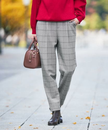 K2LAD23049  【イージーケア/洗える/ストレッチ】裏起毛美ラクるスッキリ見えチェックテーパードパンツ