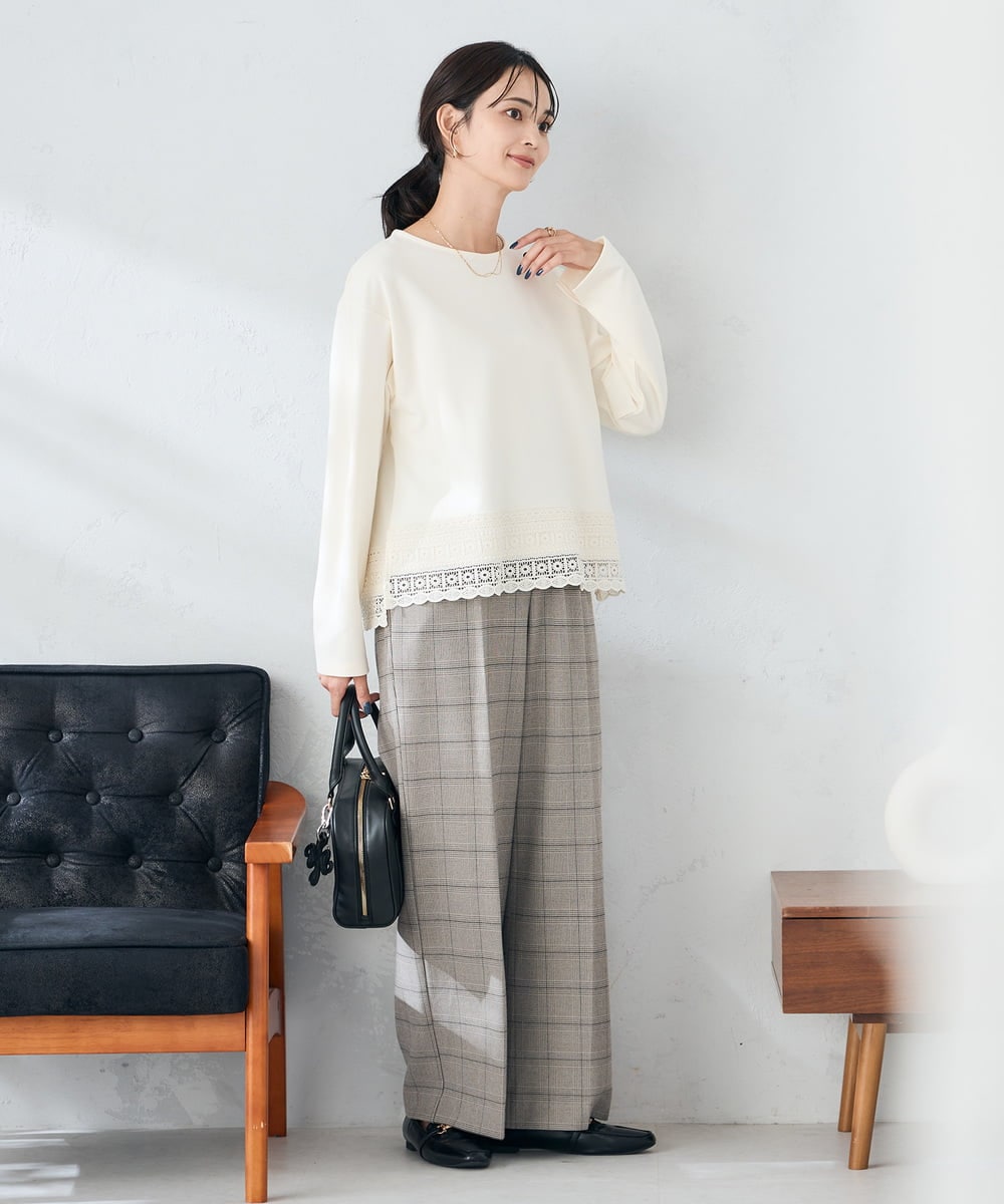 K2LAD24054 a.v.v(アー・ヴェ・ヴェ) 【イージーケア/洗える/ストレッチ】裏起毛美ラクるスッキリ見えチェックワイドパンツ グレンチェック