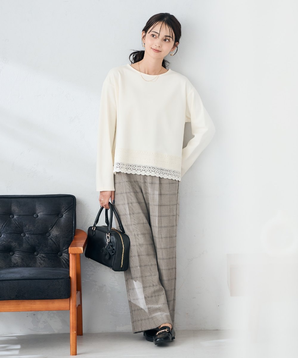 K2LAD24054 a.v.v(アー・ヴェ・ヴェ) 【イージーケア/洗える/ストレッチ】裏起毛美ラクるスッキリ見えチェックワイドパンツ グレンチェック