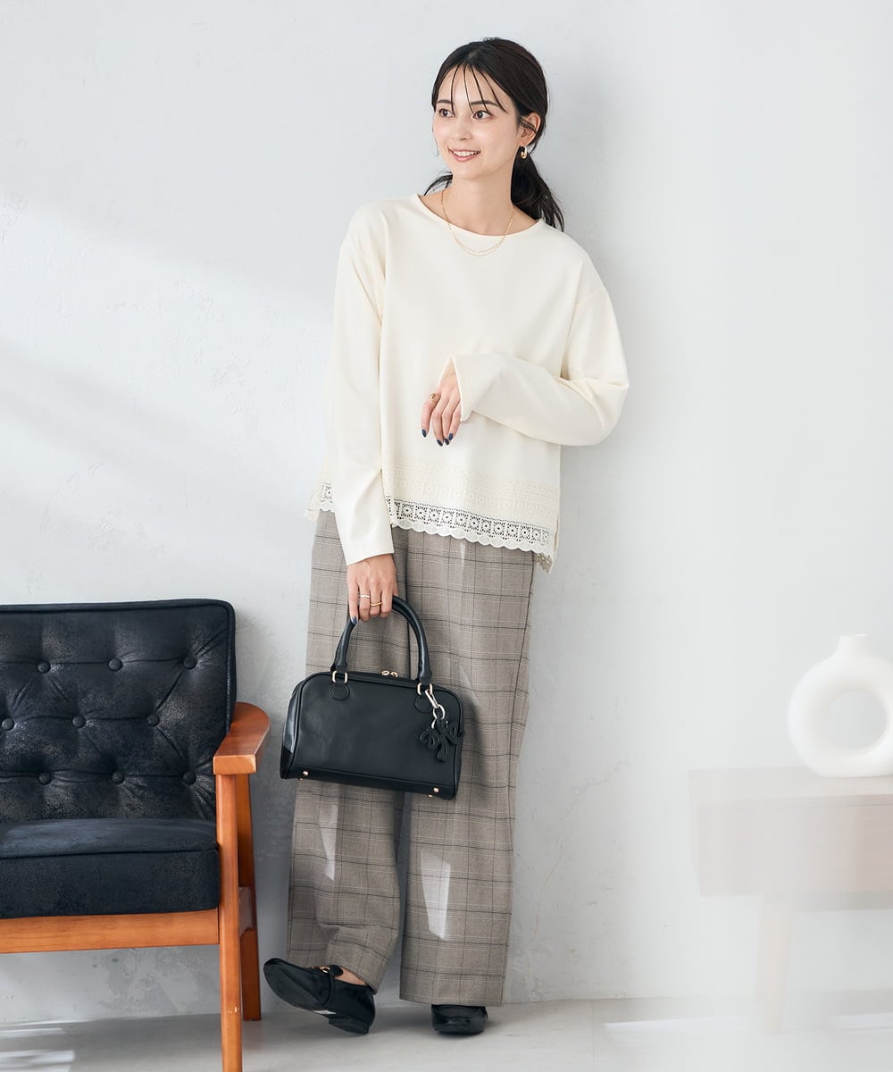 K2LAD24054 a.v.v(アー・ヴェ・ヴェ) 【イージーケア/洗える/ストレッチ】裏起毛美ラクるスッキリ見えチェックワイドパンツ グレンチェック