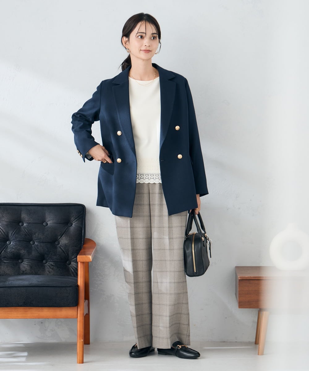 K2LAD24054 a.v.v(アー・ヴェ・ヴェ) 【イージーケア/洗える/ストレッチ】裏起毛美ラクるスッキリ見えチェックワイドパンツ グレンチェック