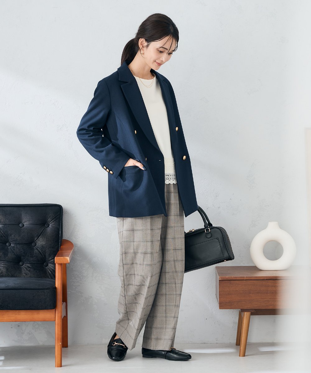 K2LAD24054 a.v.v(アー・ヴェ・ヴェ) 【イージーケア/洗える/ストレッチ】裏起毛美ラクるスッキリ見えチェックワイドパンツ グレンチェック