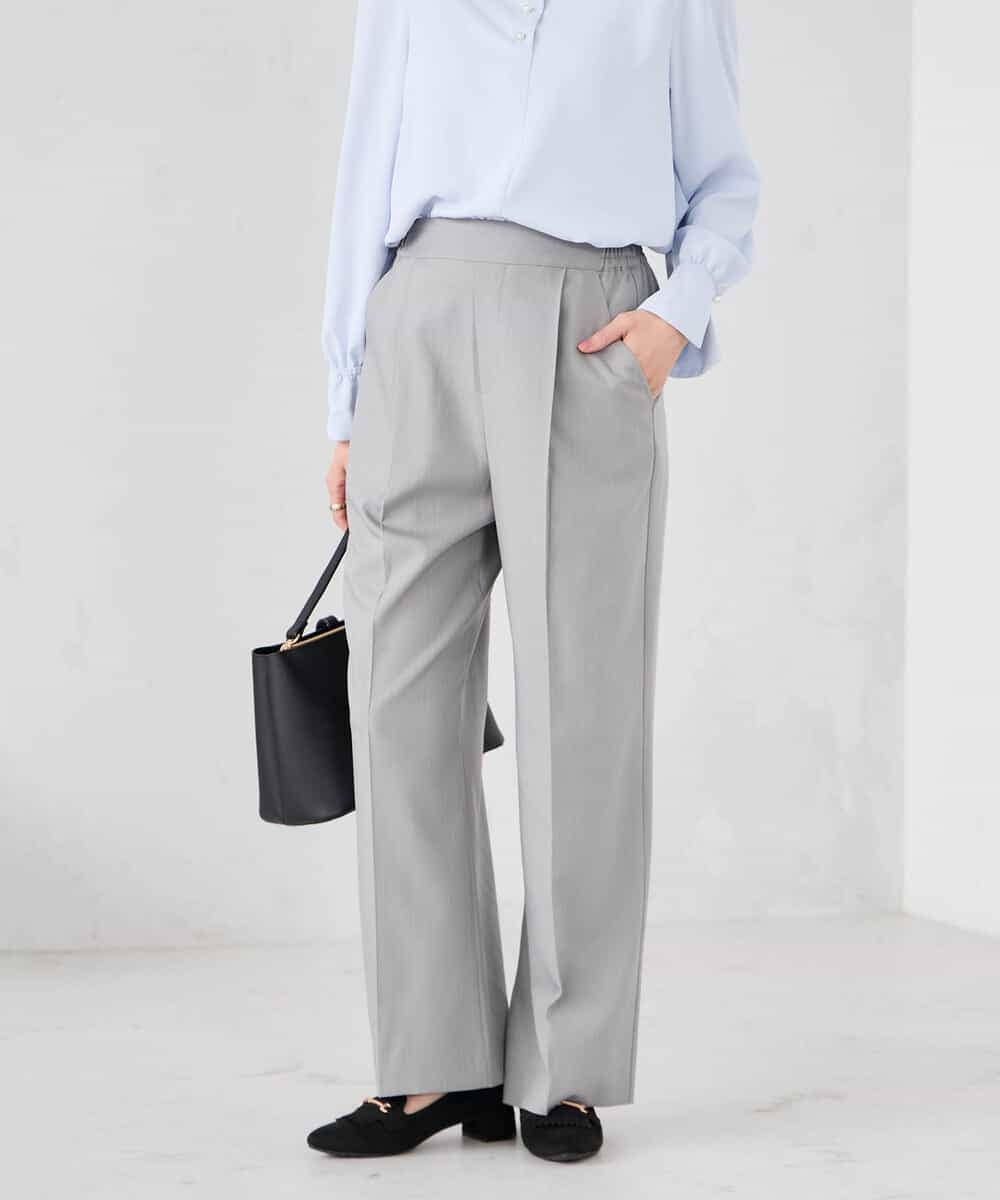 K2LFD03049 a.v.v(アー・ヴェ・ヴェ) ［支持率NO.1/イージーケア/ストレッチ］スッキリ見えワイドパンツ ライトグレー（ストライプ）
