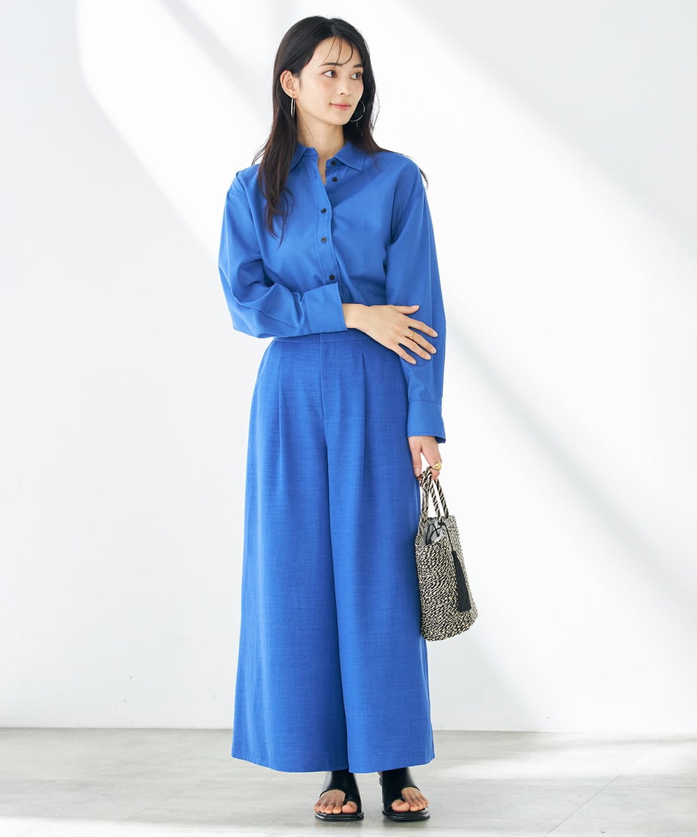 K2LGA19049 a.v.v(アー・ヴェ・ヴェ) 【接触冷感/UVカット/イージーケア/雑誌InRed(宝島社)5月号掲載】麻調フレアパンツ ブルー
