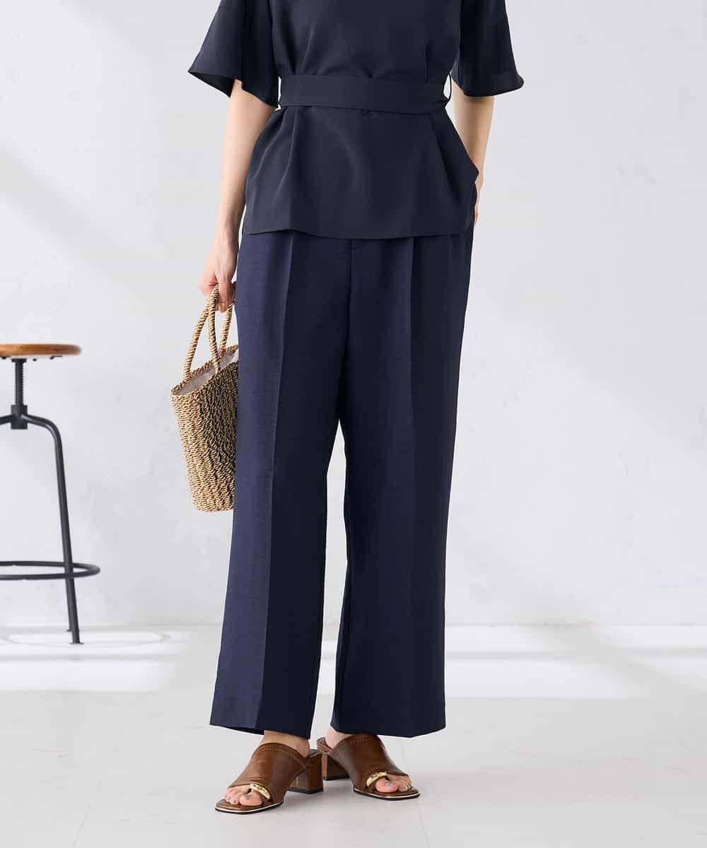 K2LGD11059 a.v.v(アー・ヴェ・ヴェ) 【接触冷感/UVカット】リネンライク2タックワイドパンツ【セットアップ対応/アンチピリング】 ネイビー