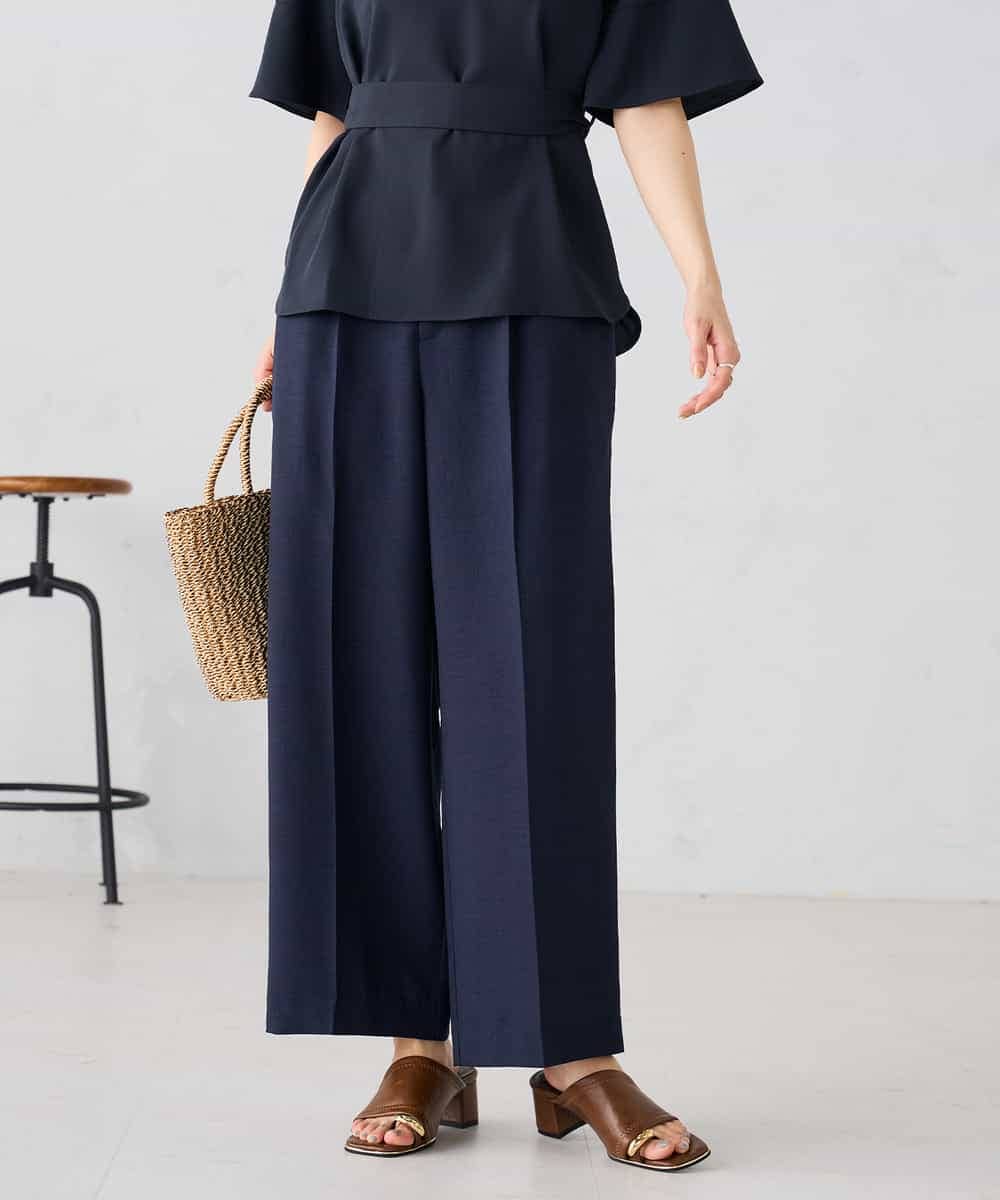 K2LGD11059 a.v.v(アー・ヴェ・ヴェ) 【接触冷感/UVカット】リネンライク2タックワイドパンツ【セットアップ対応/アンチピリング】 ネイビー