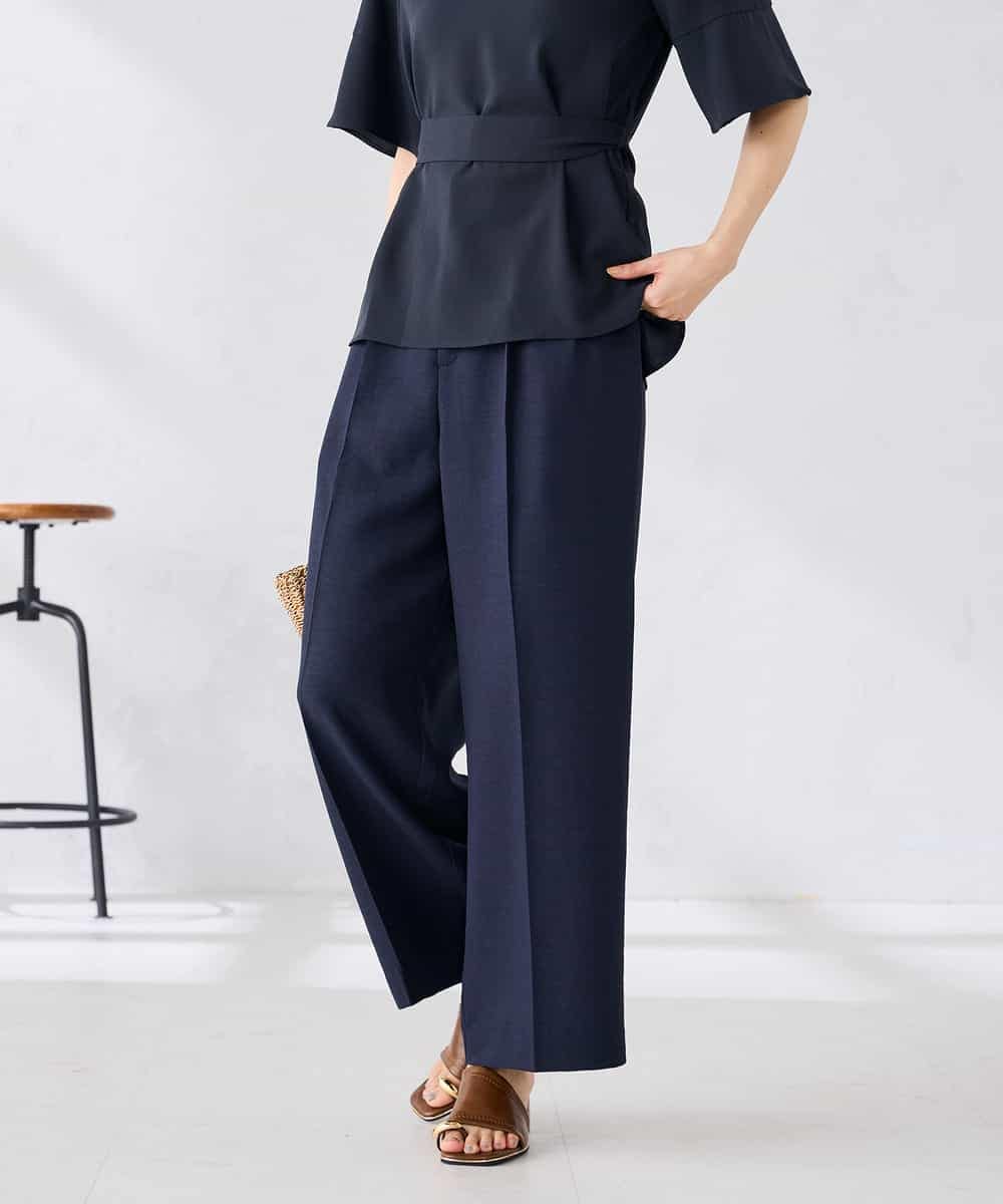 K2LGD11059 a.v.v(アー・ヴェ・ヴェ) 【接触冷感/UVカット】リネンライク2タックワイドパンツ【セットアップ対応/アンチピリング】 ネイビー