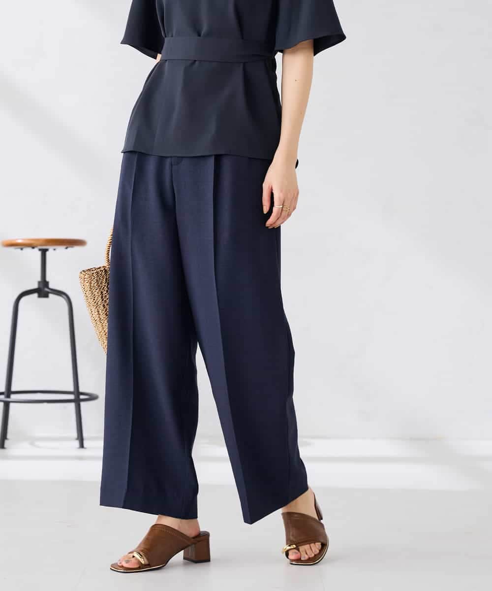 K2LGD11059 a.v.v(アー・ヴェ・ヴェ) 【接触冷感/UVカット】リネンライク2タックワイドパンツ【セットアップ対応/アンチピリング】 ネイビー