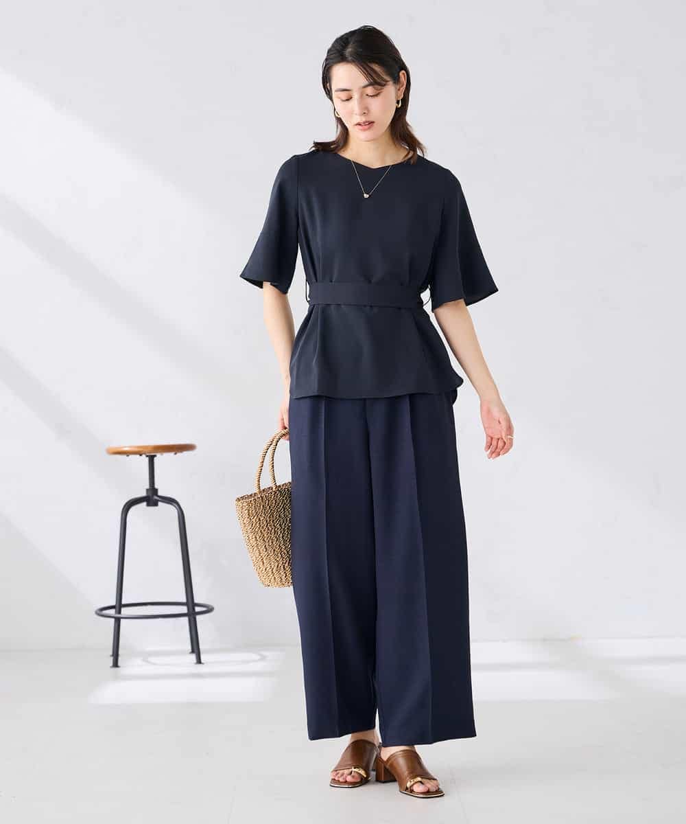 K2LGD11059 a.v.v(アー・ヴェ・ヴェ) 【接触冷感/UVカット】リネンライク2タックワイドパンツ【セットアップ対応/アンチピリング】 ネイビー