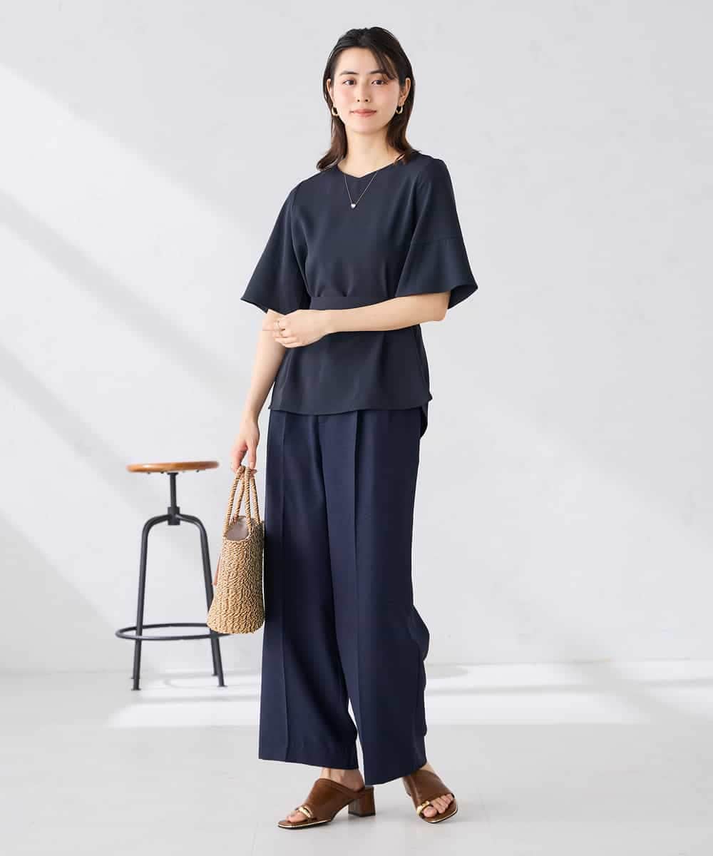 K2LGD11059 a.v.v(アー・ヴェ・ヴェ) 【接触冷感/UVカット】リネンライク2タックワイドパンツ【セットアップ対応/アンチピリング】 ネイビー
