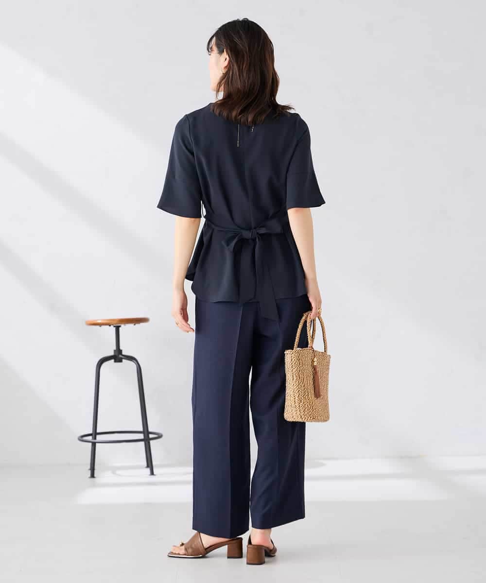 K2LGD11059 a.v.v(アー・ヴェ・ヴェ) 【接触冷感/UVカット】リネンライク2タックワイドパンツ【セットアップ対応/アンチピリング】 ネイビー