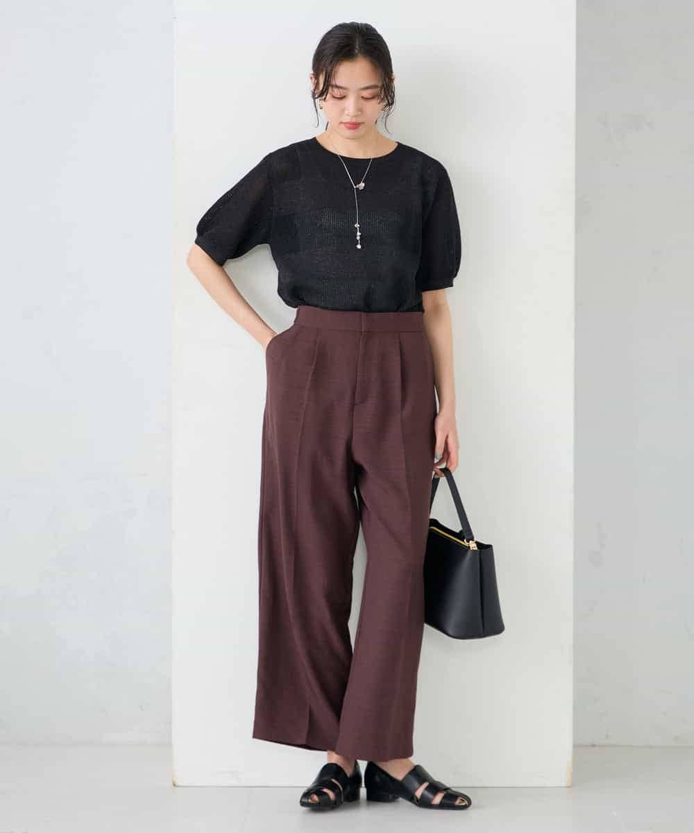 K2LGD11059 a.v.v(アー・ヴェ・ヴェ) 【接触冷感/UVカット】リネンライク2タックワイドパンツ【セットアップ対応/アンチピリング】 ネイビー