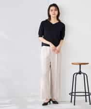 K2LGD11059 a.v.v(アー・ヴェ・ヴェ) 【接触冷感/UVカット】リネンライク2タックワイドパンツ【セットアップ対応/アンチピリング】 ネイビー