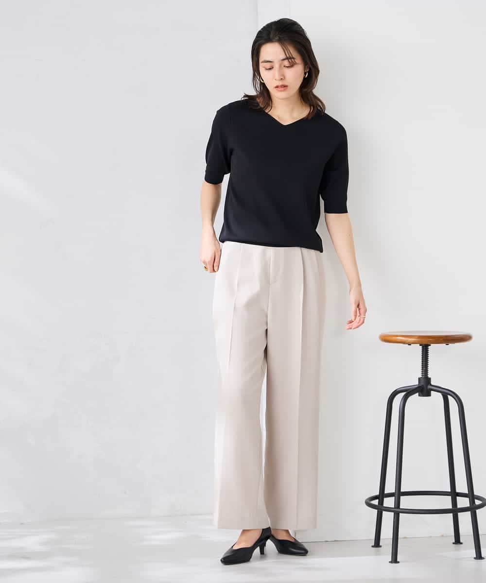 K2LGD11059 a.v.v(アー・ヴェ・ヴェ) 【接触冷感/UVカット】リネンライク2タックワイドパンツ【セットアップ対応/アンチピリング】 ネイビー