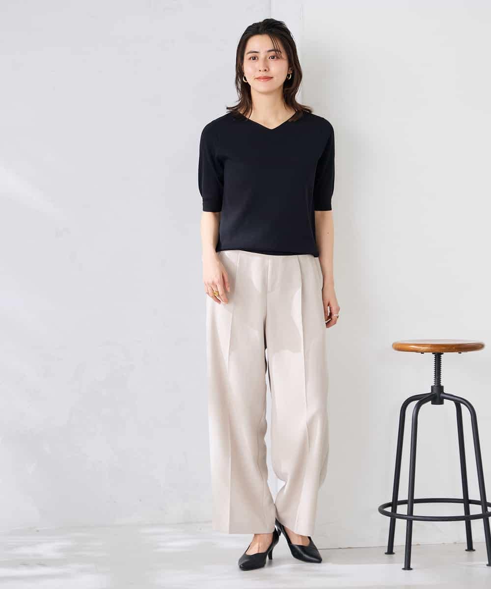 K2LGD11059 a.v.v(アー・ヴェ・ヴェ) 【接触冷感/UVカット】リネンライク2タックワイドパンツ【セットアップ対応/アンチピリング】 ネイビー