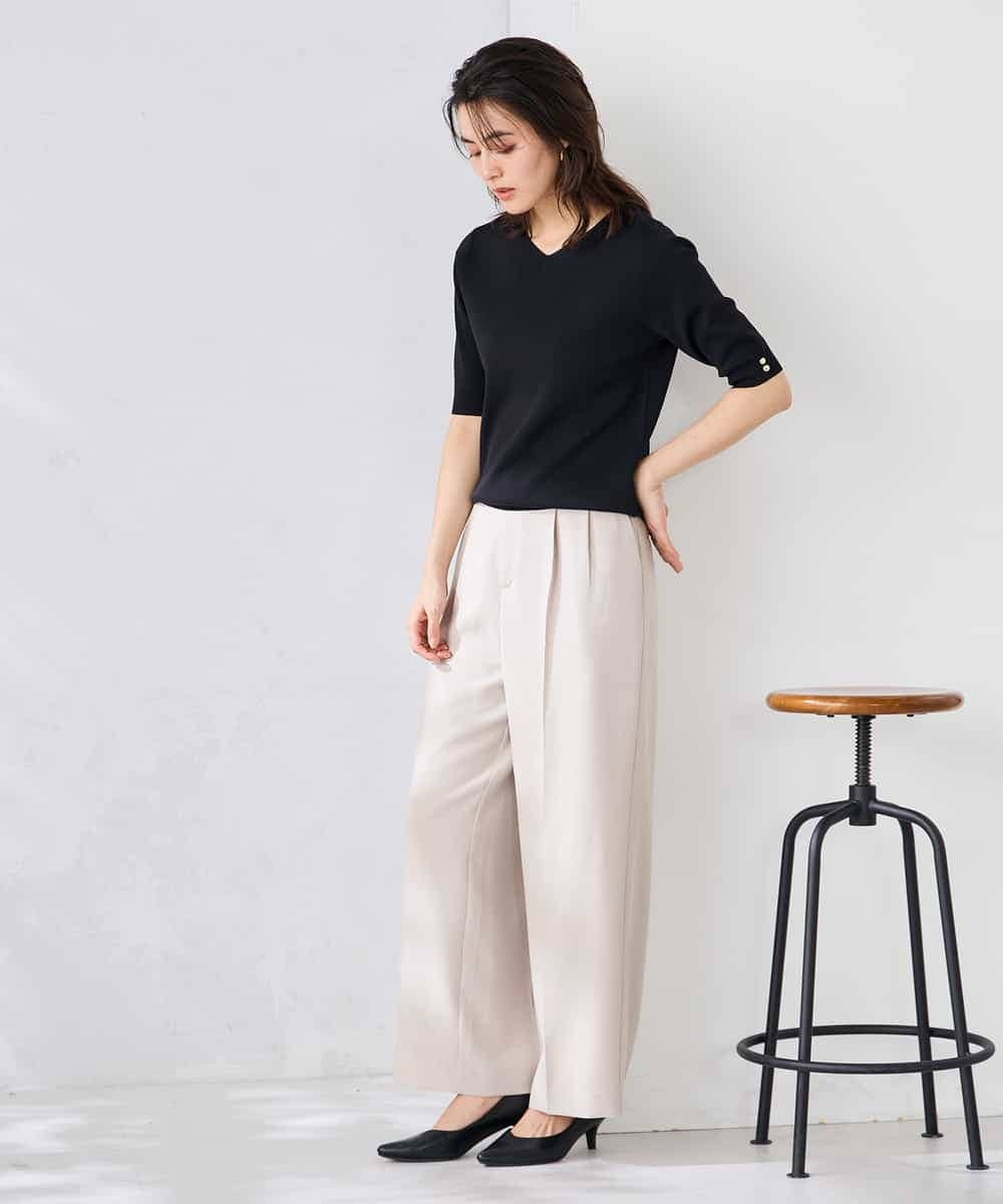 K2LGD11059 a.v.v(アー・ヴェ・ヴェ) 【接触冷感/UVカット】リネンライク2タックワイドパンツ【セットアップ対応/アンチピリング】 ネイビー