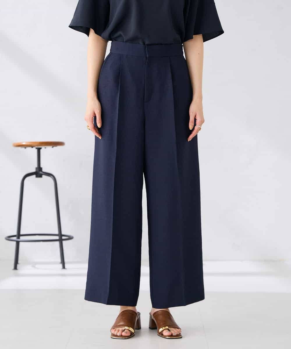 K2LGD11059 a.v.v(アー・ヴェ・ヴェ) 【接触冷感/UVカット】リネンライク2タックワイドパンツ【セットアップ対応/アンチピリング】 ネイビー