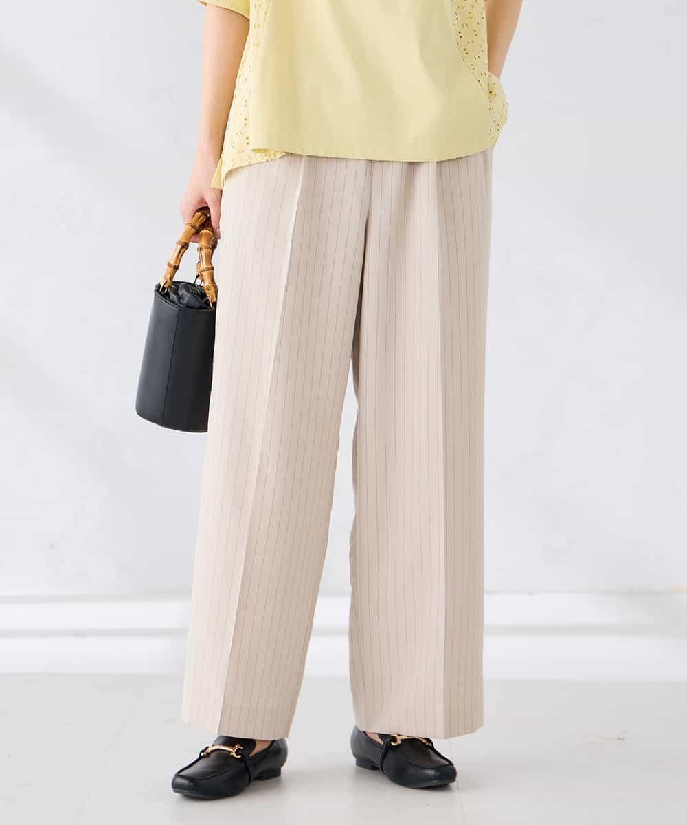 K2LGD11059 a.v.v(アー・ヴェ・ヴェ) 【接触冷感/UVカット】リネンライク2タックワイドパンツ【セットアップ対応/アンチピリング】 ベージュ×ストライプ柄