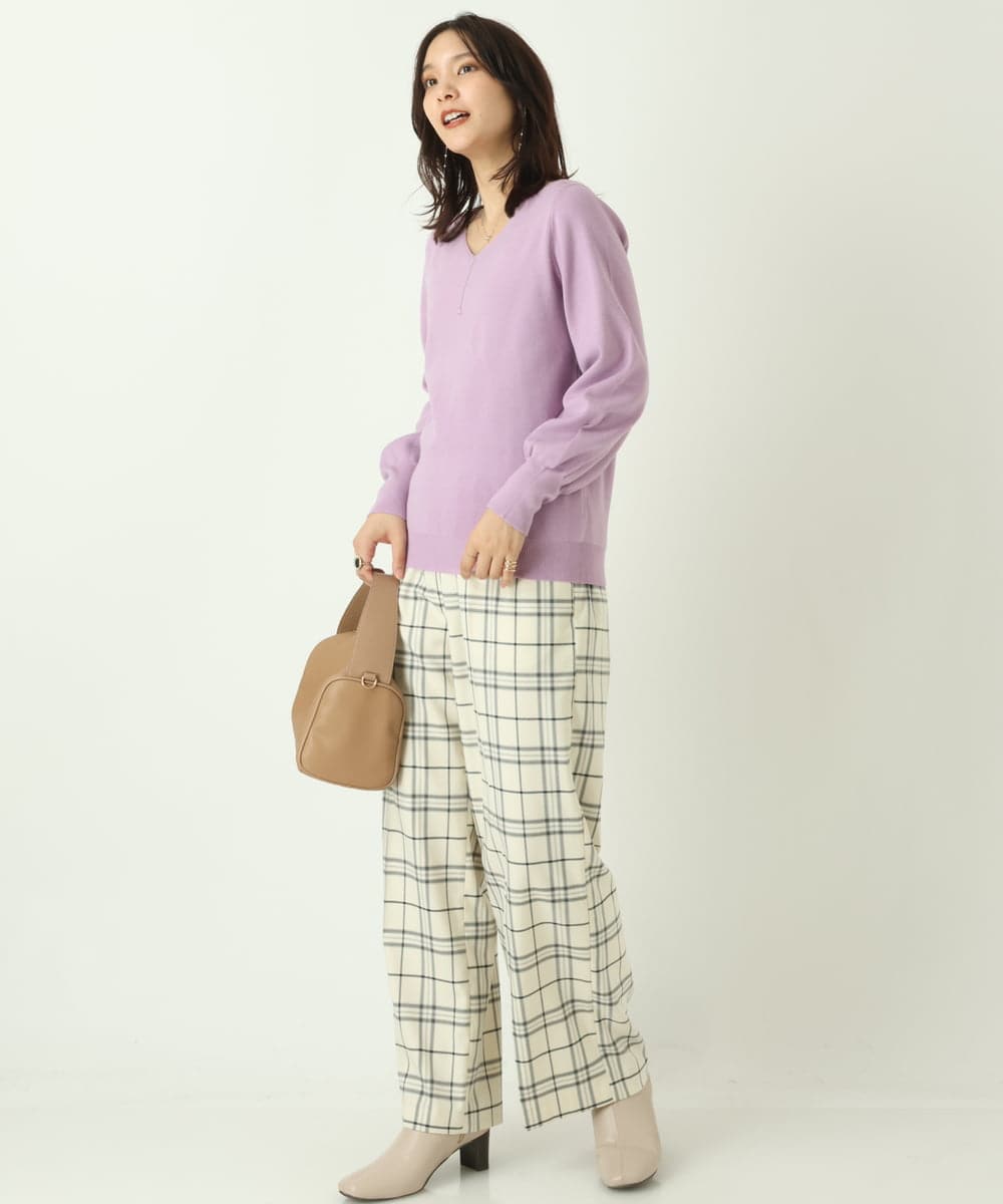 K2LKP26054 a.v.v(アー・ヴェ・ヴェ) 【裏起毛】チェック柄美脚イージーワイドパンツ ネイビー