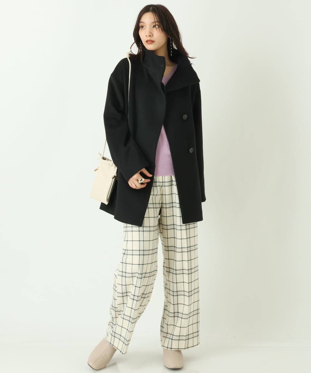 K2LKP26054 a.v.v(アー・ヴェ・ヴェ) 【裏起毛】チェック柄美脚イージーワイドパンツ ネイビー