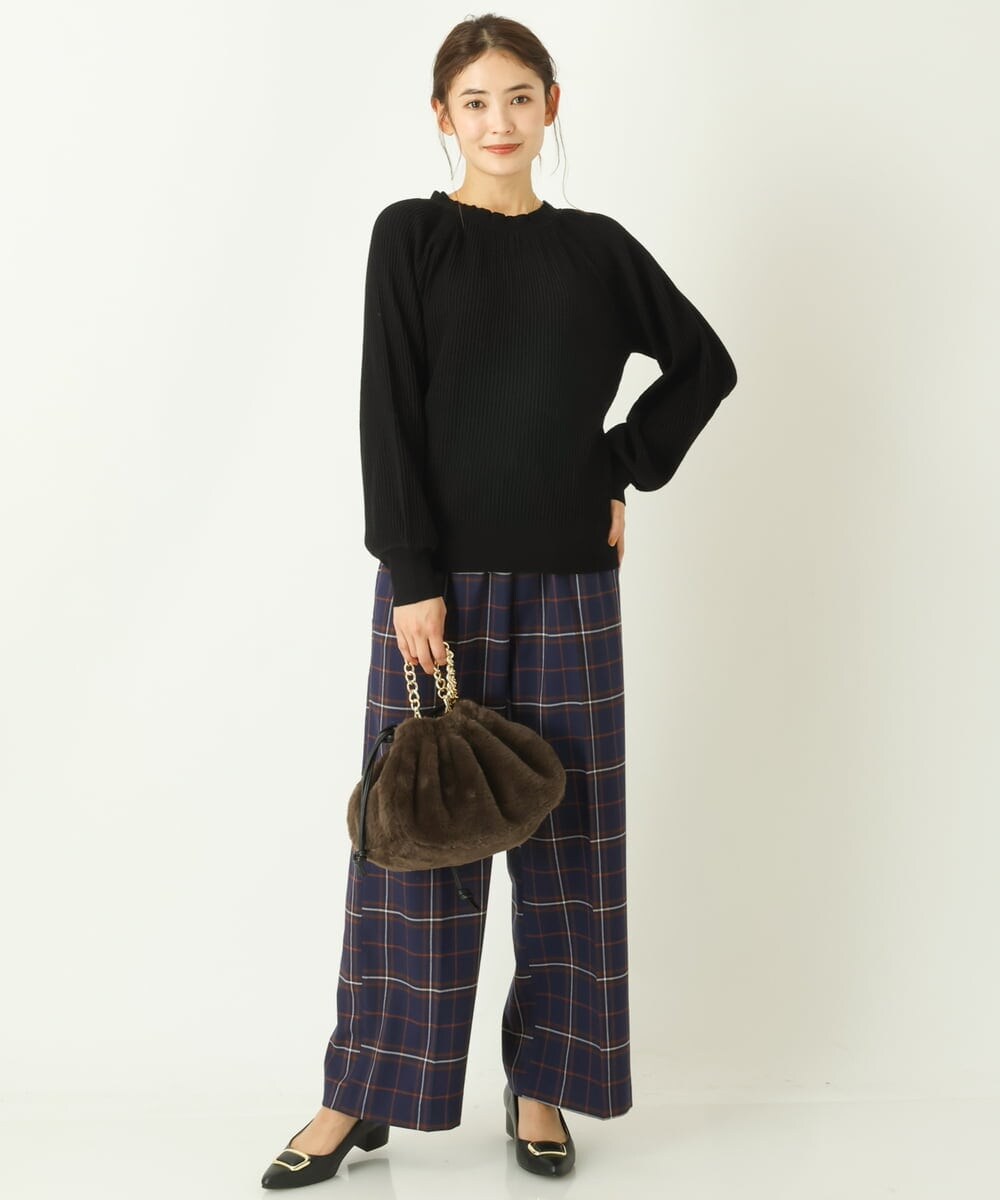 K2LKP26054 a.v.v(アー・ヴェ・ヴェ) 【裏起毛】チェック柄美脚イージーワイドパンツ ネイビー