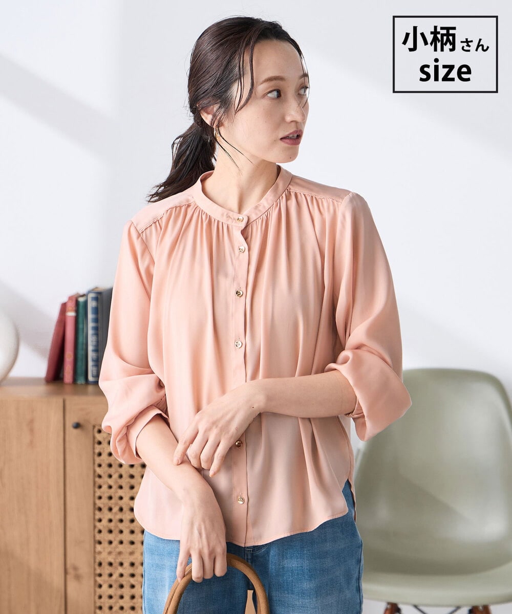 K3BFD04044 a.v.v Elmi(アー・ヴェ・ヴェ) 【低身長サイズ】【洗える】サテンギャザーブラウス ピンク