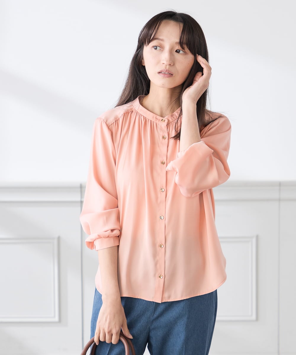 K3BFD04044 a.v.v Elmi(アー・ヴェ・ヴェ) 【低身長サイズ/洗える】サテンギャザーブラウス ピンク