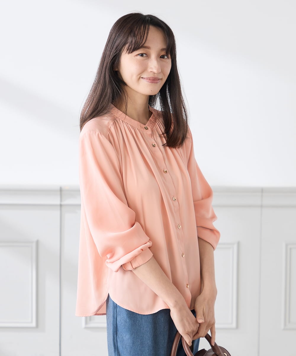K3BFD04044 a.v.v Elmi(アー・ヴェ・ヴェ) 【低身長サイズ/洗える】サテンギャザーブラウス ピンク