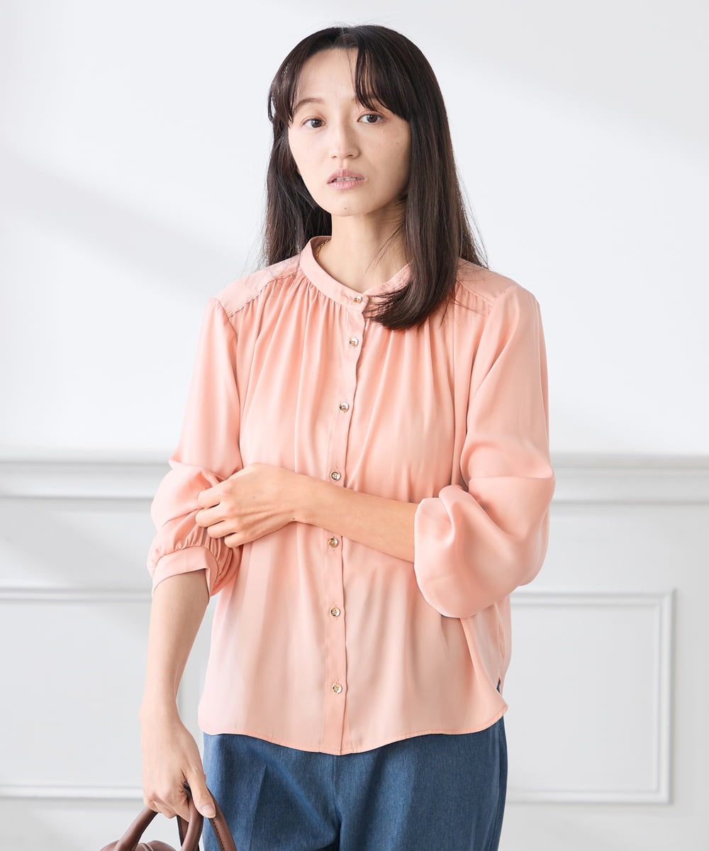 K3BFD04044 a.v.v Elmi(アー・ヴェ・ヴェ) 【低身長サイズ/洗える】サテンギャザーブラウス ピンク
