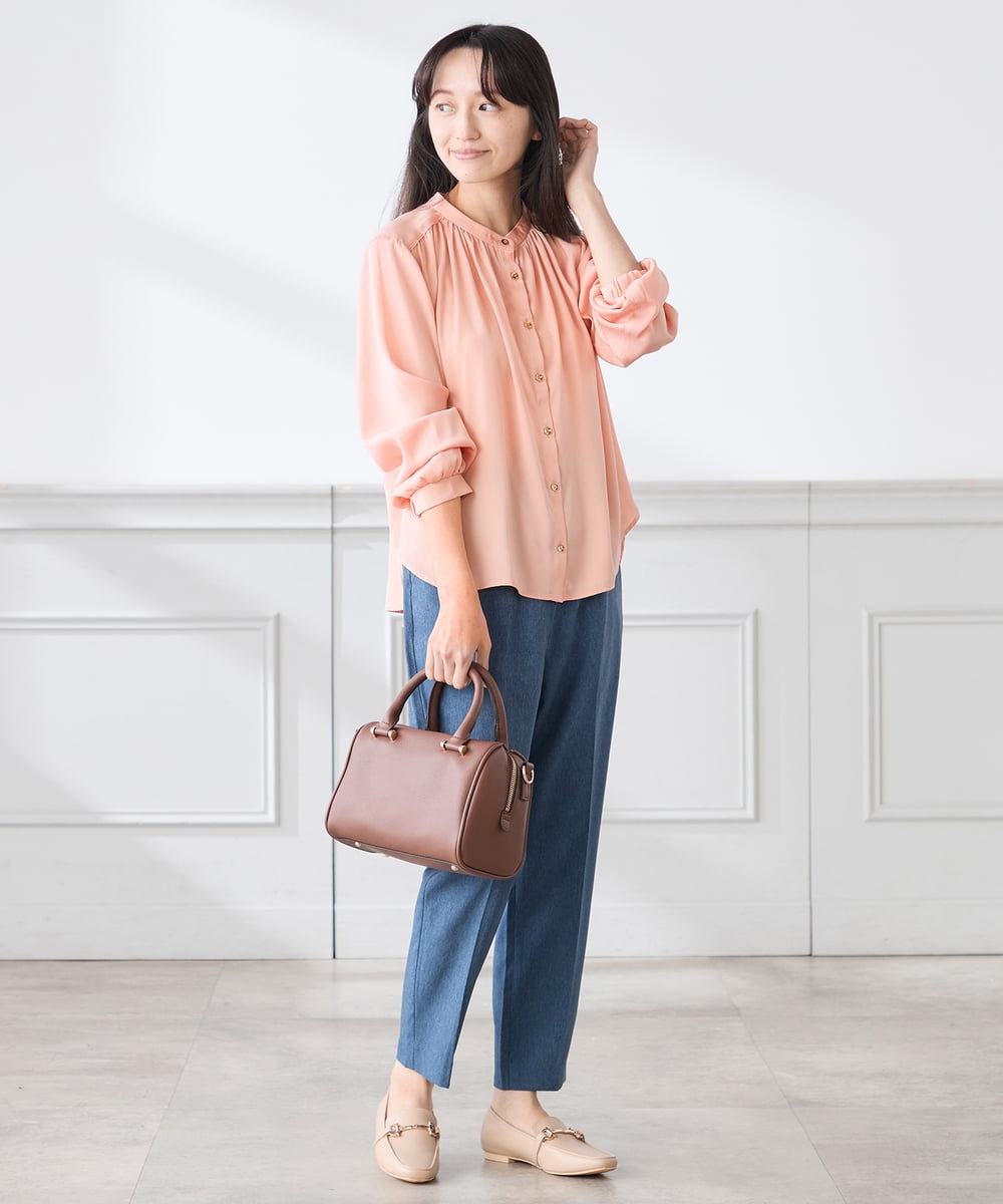 K3BFD04044 a.v.v Elmi(アー・ヴェ・ヴェ) 【低身長サイズ/洗える】サテンギャザーブラウス ピンク