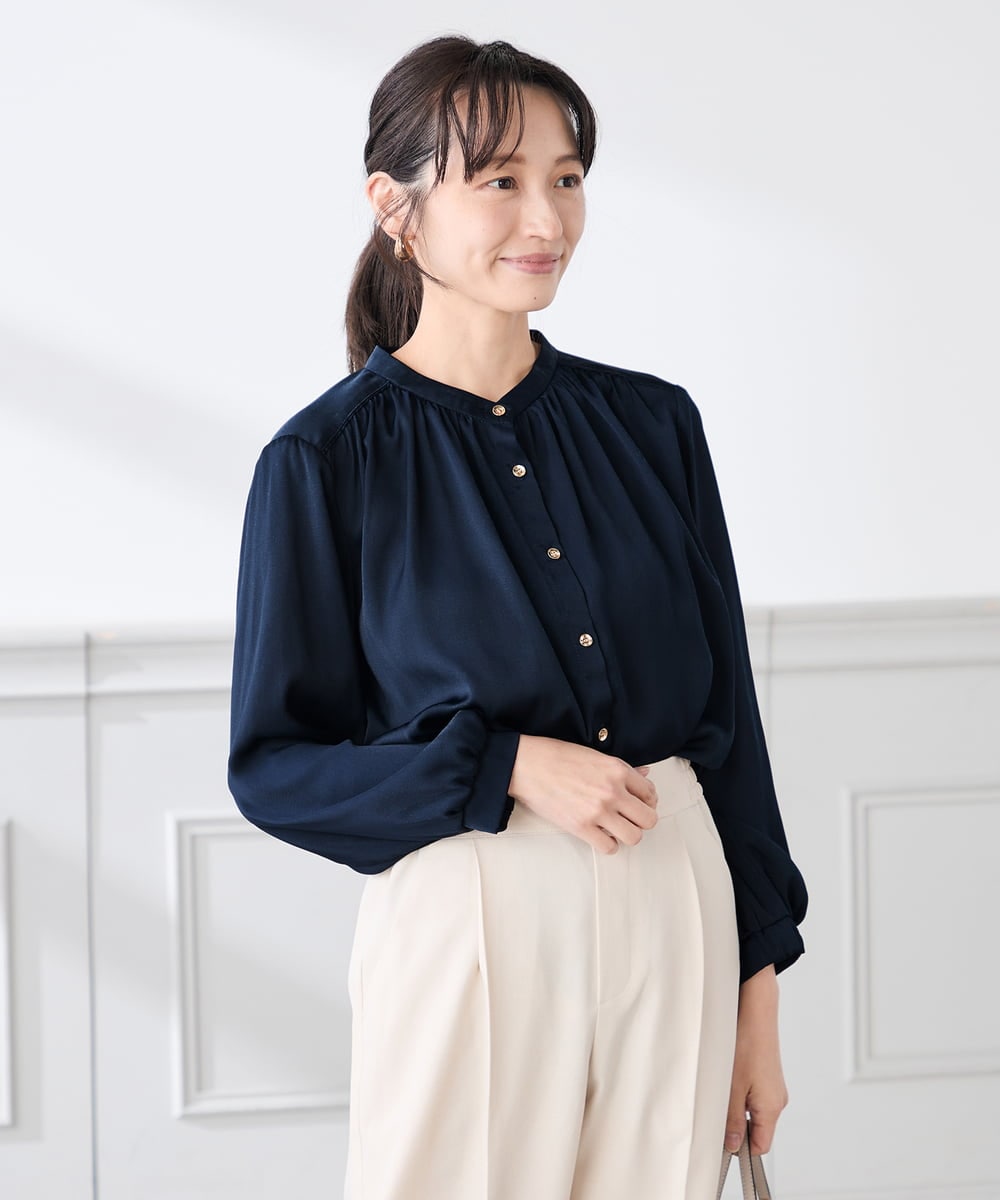 K3BFD04044 a.v.v Elmi(アー・ヴェ・ヴェ) 【低身長サイズ/洗える】サテンギャザーブラウス ピンク