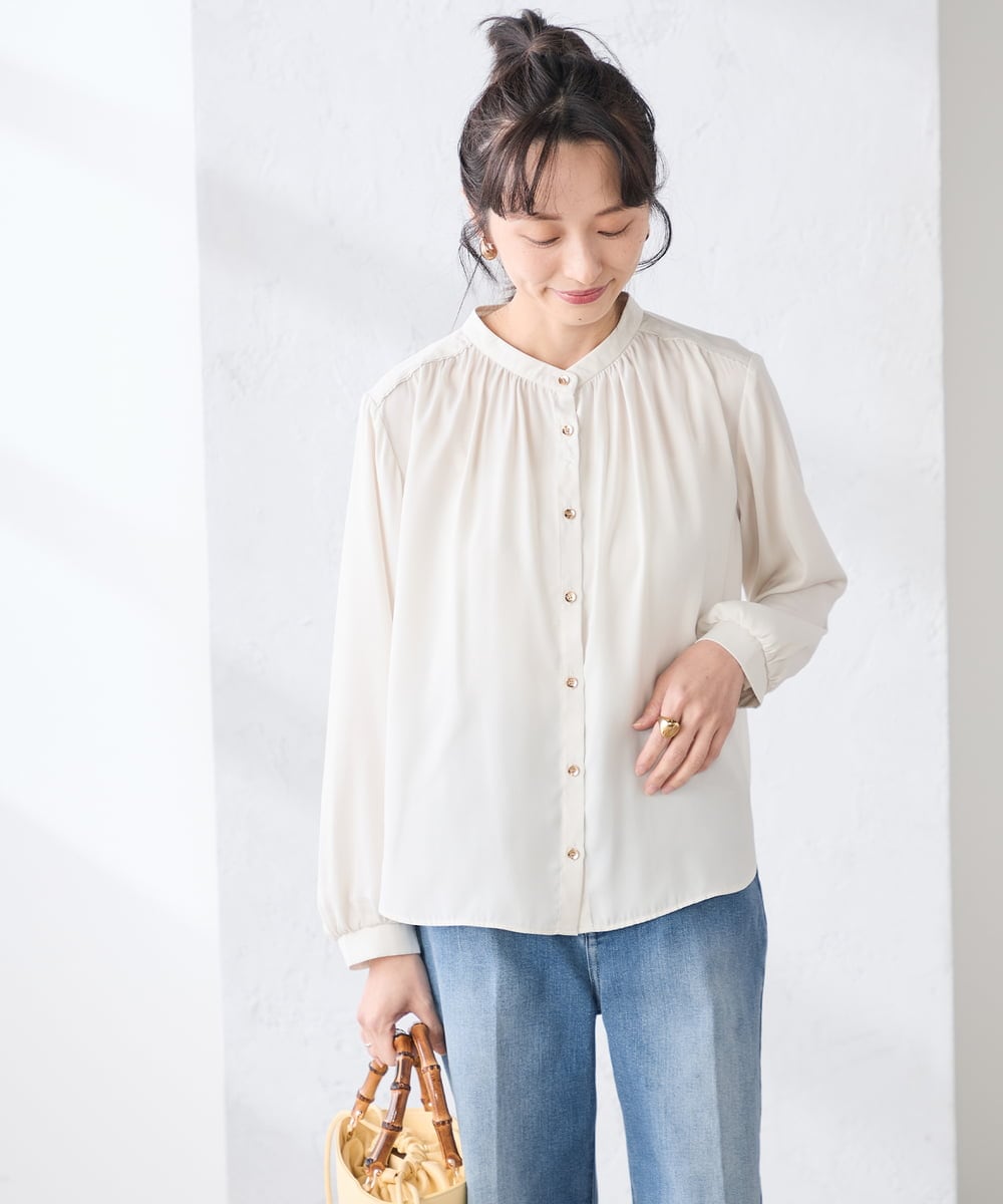 K3BFD04044 a.v.v Elmi(アー・ヴェ・ヴェ) 【低身長サイズ/洗える】サテンギャザーブラウス ピンク