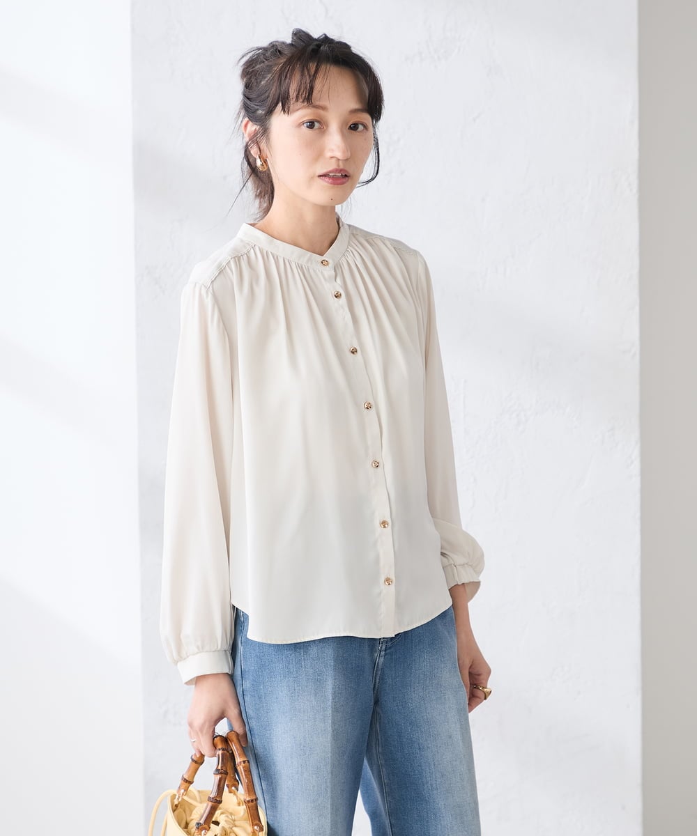 K3BFD04044 a.v.v Elmi(アー・ヴェ・ヴェ) 【低身長サイズ/洗える】サテンギャザーブラウス ピンク