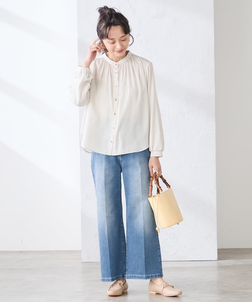 K3BFD04044 a.v.v Elmi(アー・ヴェ・ヴェ) 【低身長サイズ/洗える】サテンギャザーブラウス ピンク