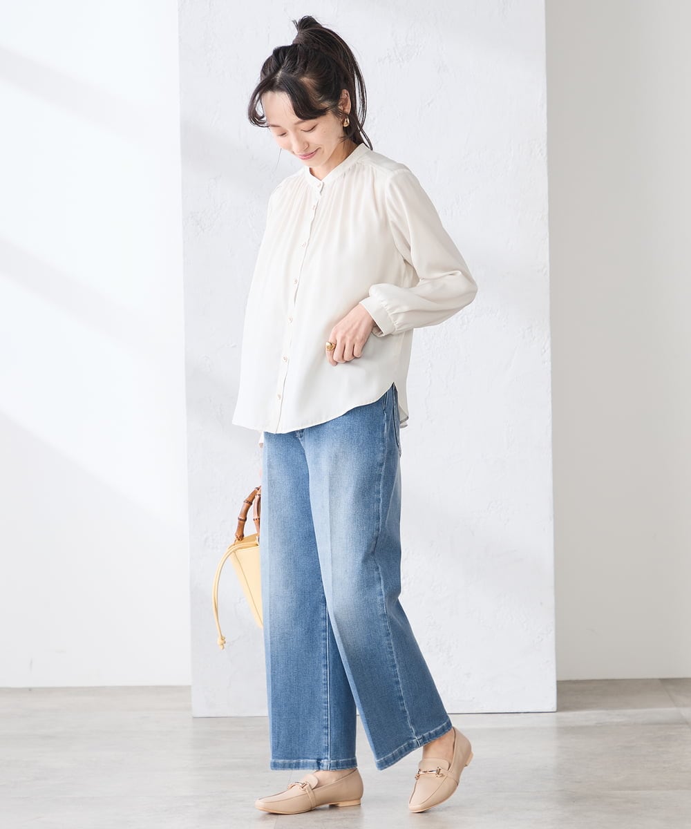 K3BFD04044 a.v.v Elmi(アー・ヴェ・ヴェ) 【低身長サイズ/洗える】サテンギャザーブラウス ピンク