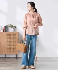 K3BFD04044 a.v.v Elmi(アー・ヴェ・ヴェ) 【低身長サイズ】【洗える】サテンギャザーブラウス ピンク