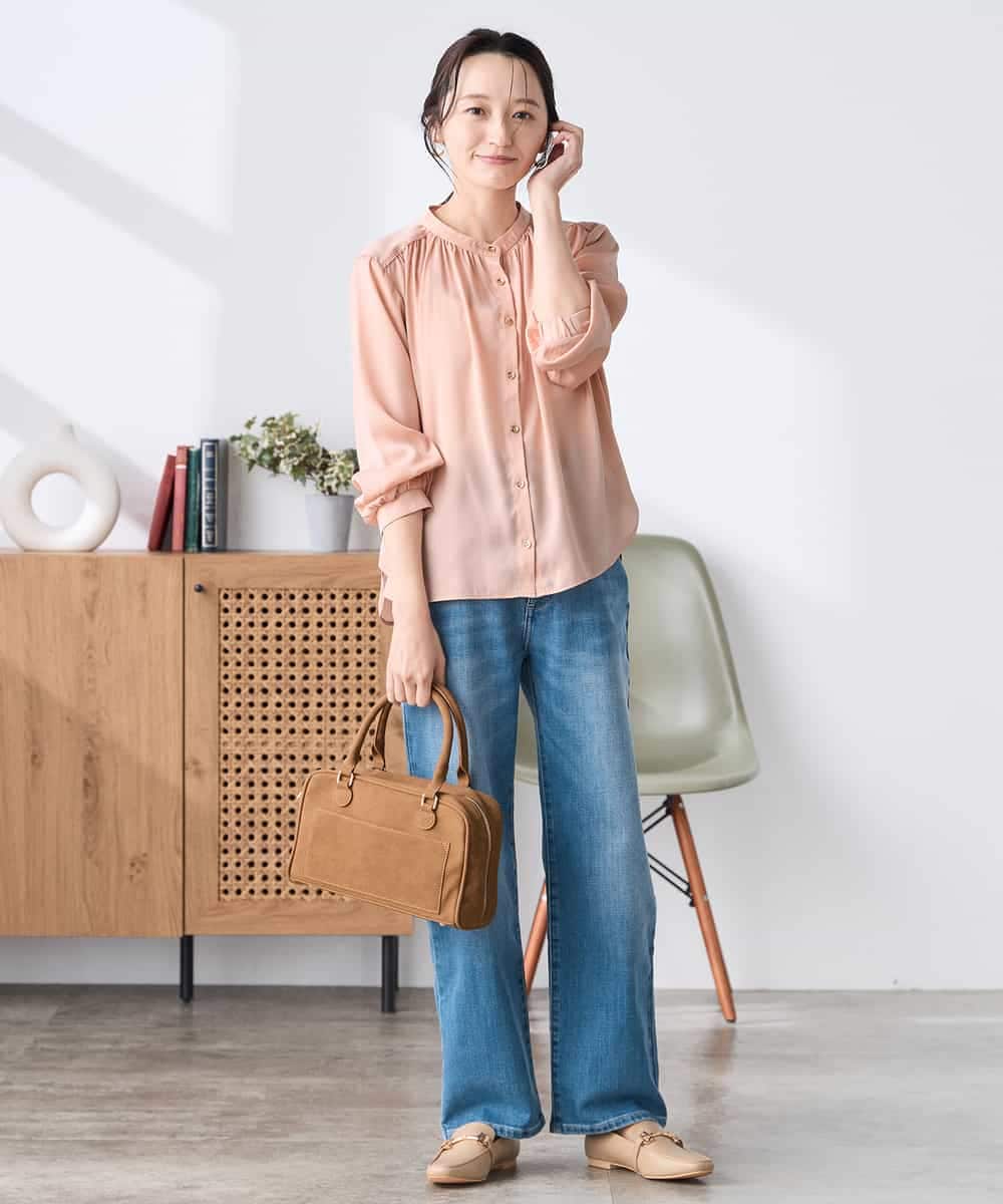 K3BFD04044 a.v.v Elmi(アー・ヴェ・ヴェ) 【低身長サイズ】【洗える】サテンギャザーブラウス ピンク