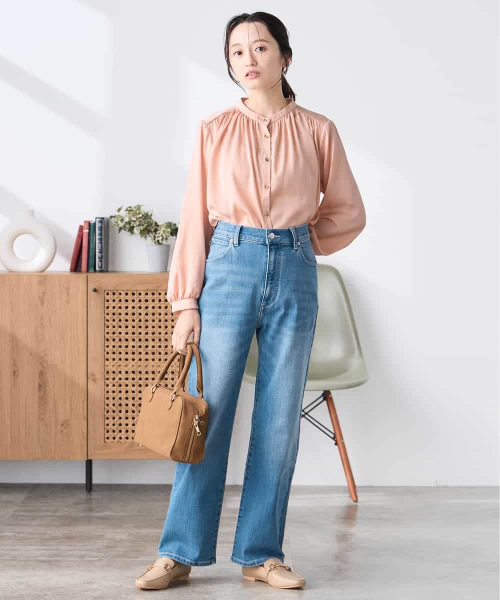 K3BFD04044 a.v.v Elmi(アー・ヴェ・ヴェ) 【低身長サイズ】【洗える】サテンギャザーブラウス ピンク