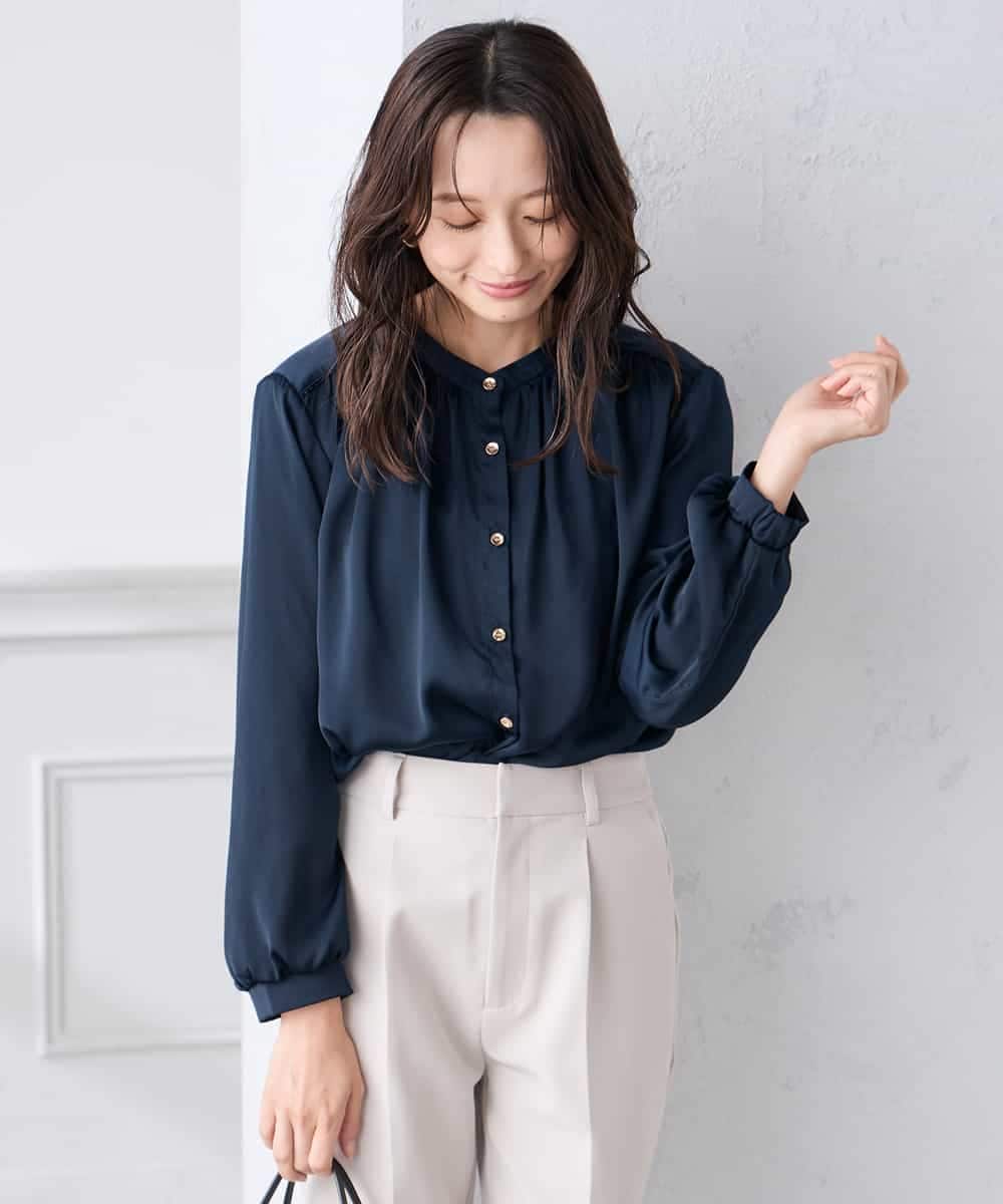 K3BFD04044 a.v.v Elmi(アー・ヴェ・ヴェ) 【低身長サイズ】【洗える】サテンギャザーブラウス ピンク