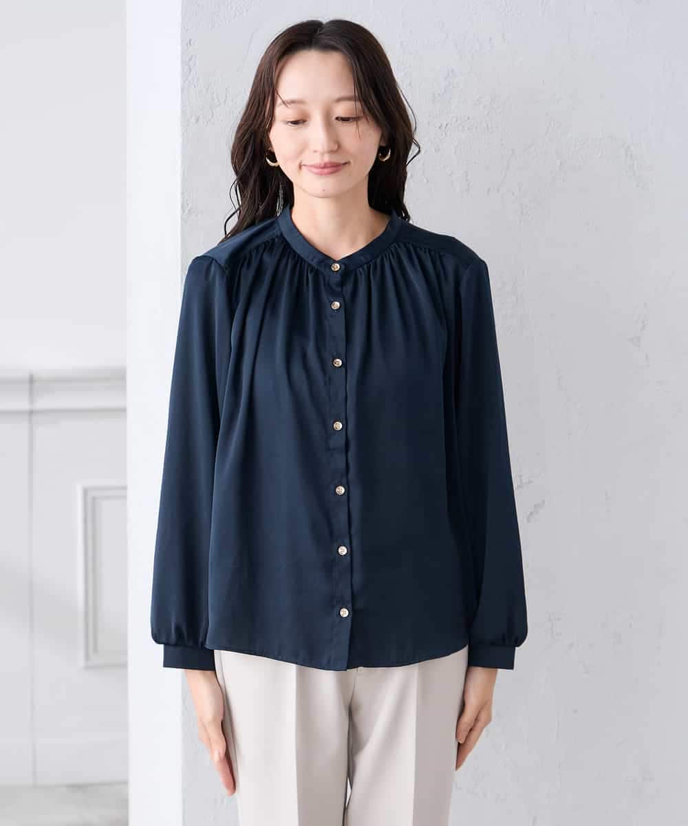 K3BFD04044 a.v.v Elmi(アー・ヴェ・ヴェ) 【低身長サイズ】【洗える】サテンギャザーブラウス ピンク