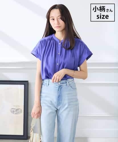 K3BGD05039 a.v.v Elmi 【低身長サイズ】サテンギャザーブラウス【接触冷感/UVカット/吸水速乾/イージーケア】