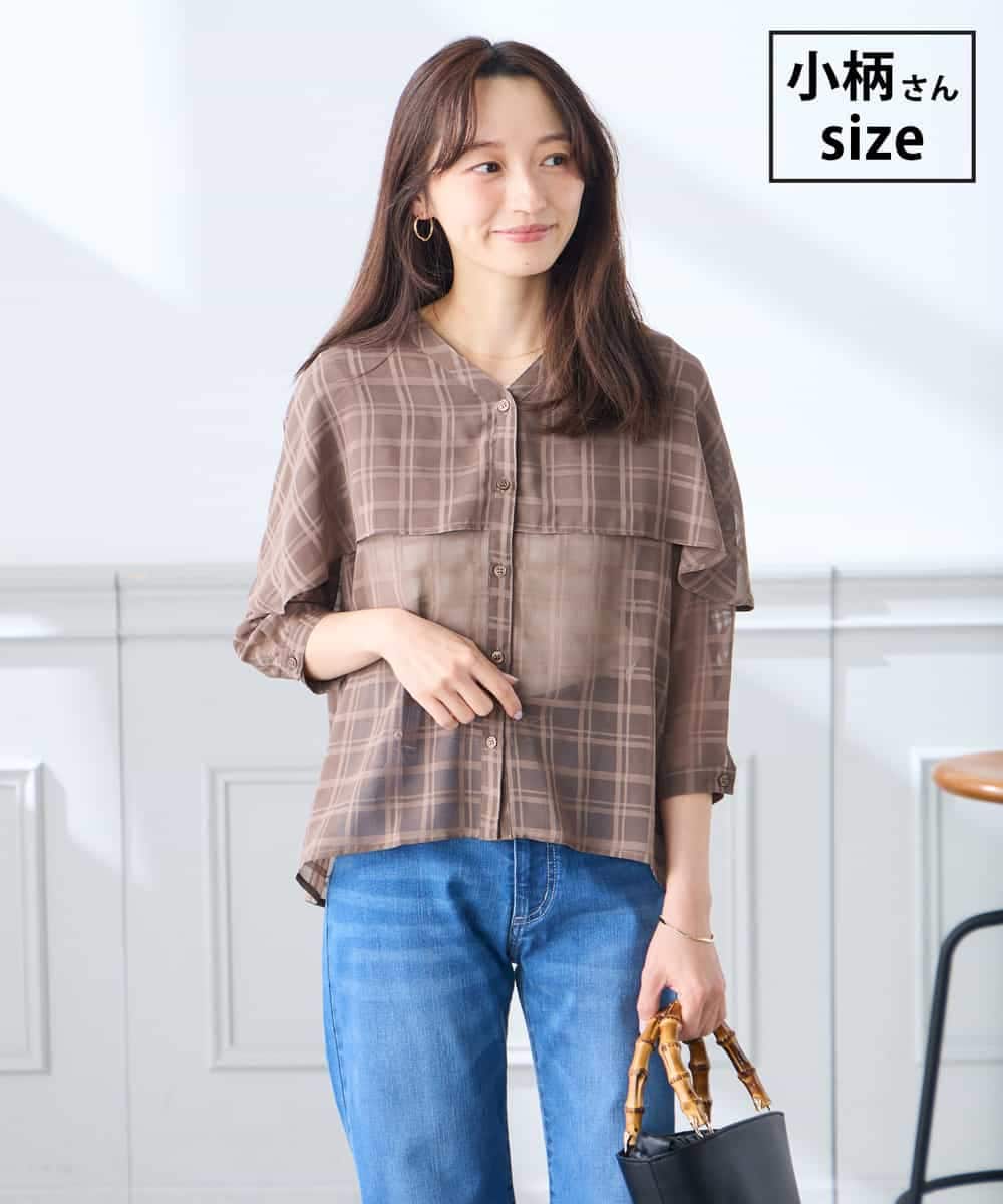K3BGD31049 a.v.v Elmi(アー・ヴェ・ヴェ) 【低身長サイズ】ケープ風シアーブラウス ブラウンチェック柄