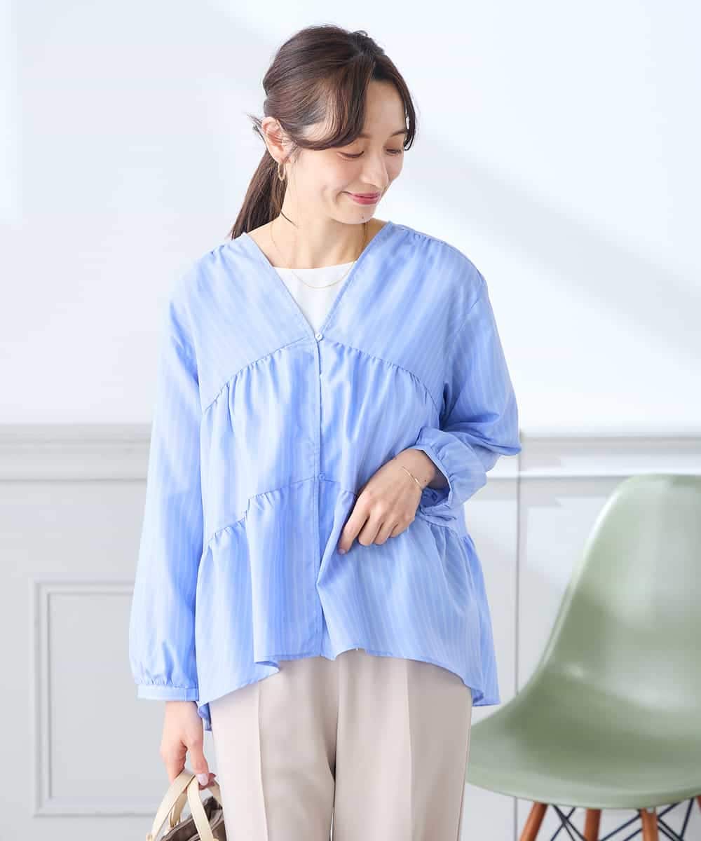 K3BGD32049 a.v.v Elmi(アー・ヴェ・ヴェ) 【低身長サイズ】ストライプ柄ティアードシアーブラウス ライトブルー