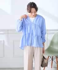 K3BGD32049 a.v.v Elmi(アー・ヴェ・ヴェ) 【低身長サイズ】ストライプ柄ティアードシアーブラウス ライトブルー