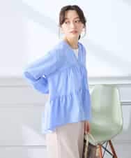 K3BGD32049 a.v.v Elmi(アー・ヴェ・ヴェ) 【低身長サイズ】ストライプ柄ティアードシアーブラウス ライトブルー