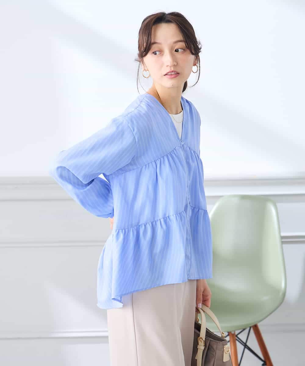 K3BGD32049 a.v.v Elmi(アー・ヴェ・ヴェ) 【低身長サイズ】ストライプ柄ティアードシアーブラウス ライトブルー