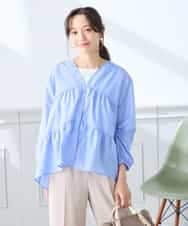 K3BGD32049 a.v.v Elmi(アー・ヴェ・ヴェ) 【低身長サイズ】ストライプ柄ティアードシアーブラウス ライトブルー